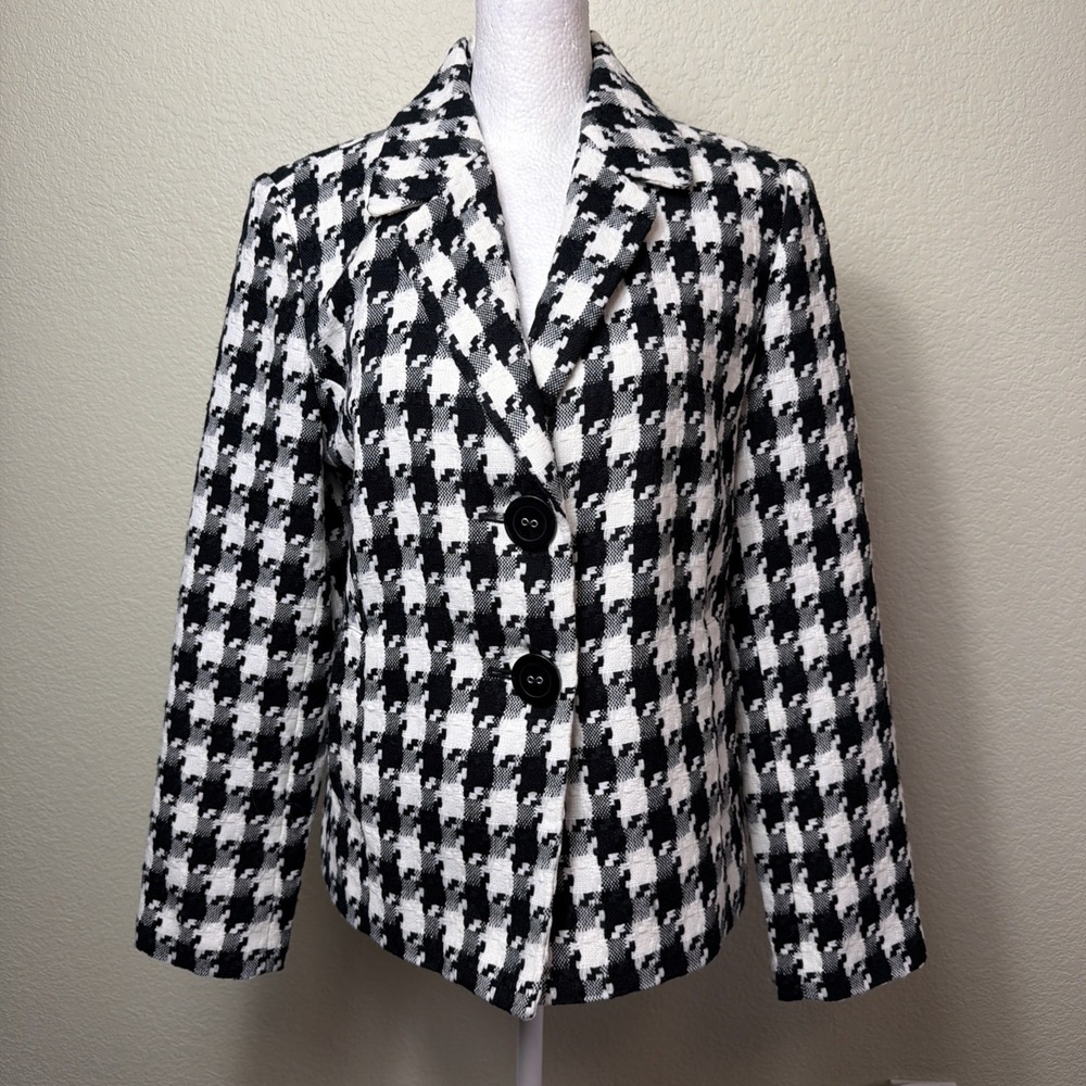 JM Collection Blazer 6 Womens Black White Houndstooth Plaid Jacket Acrylic Tweed